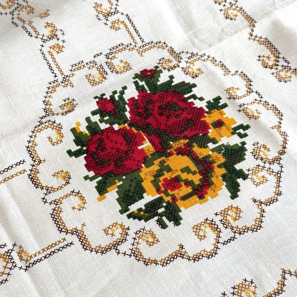 Vtg MCM Polish Linen Tablecloth Garden Collection Floral Petit Point 60x79 NOS - Picture 3 of 8
